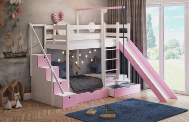 Etagenbett, Spielbett SCHATZINSEL DUO mit Rutsche, Treppe und Tellerschaukel - Kubuk Moebel Etagenbett, Spielbett SCHATZINSEL DUO mit Rutsche, Treppe und Tellerschaukel - Kubuk Moebel