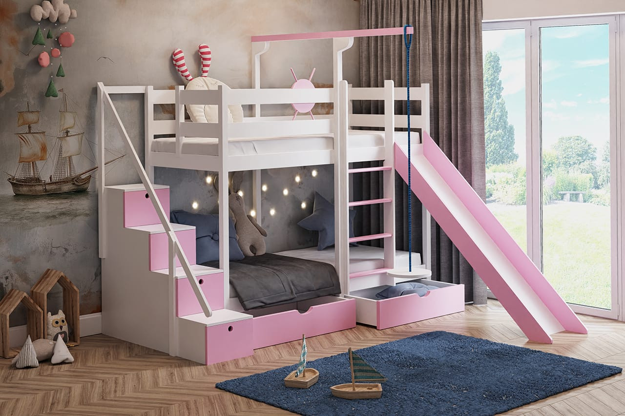 Etagenbett, Spielbett SCHATZINSEL DUO mit Rutsche, Treppe und Tellerschaukel - Kubuk Moebel Etagenbett, Spielbett SCHATZINSEL DUO mit Rutsche, Treppe und Tellerschaukel - Kubuk Moebel