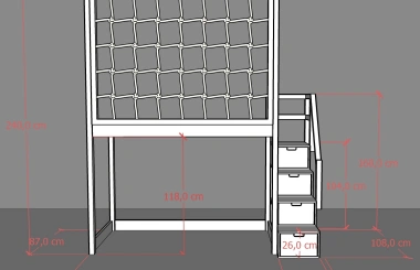 Hochbett, Kinderbett RONI mit Treppe und Schnurnetz - Kubuk Moebel Hochbett, Kinderbett RONI mit Treppe und Schnurnetz - Kubuk Moebel