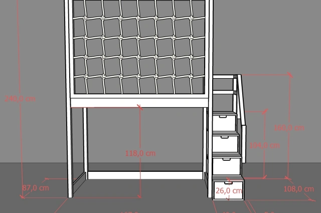 Hochbett, Kinderbett RONI mit Treppe und Schnurnetz - Kubuk Moebel Hochbett, Kinderbett RONI mit Treppe und Schnurnetz - Kubuk Moebel