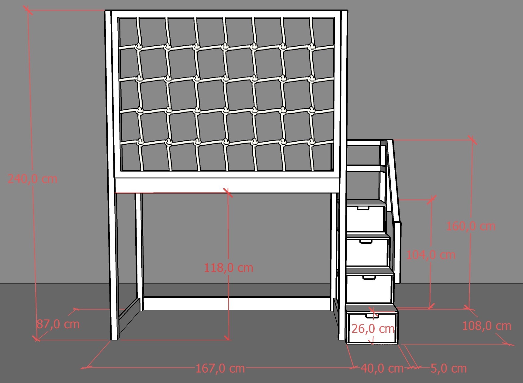 Hochbett, Kinderbett RONI mit Treppe und Schnurnetz - Kubuk Moebel Hochbett, Kinderbett RONI mit Treppe und Schnurnetz - Kubuk Moebel