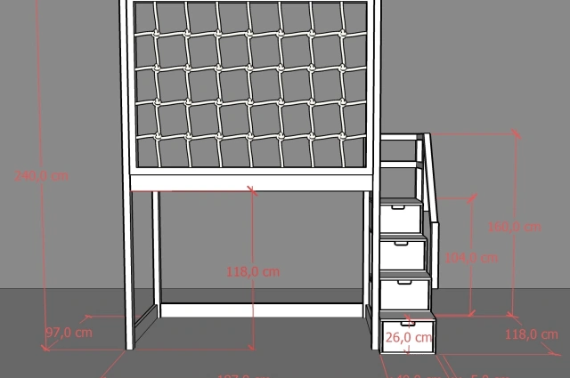 Hochbett, Kinderbett RONI mit Treppe und Schnurnetz - Kubuk Moebel Hochbett, Kinderbett RONI mit Treppe und Schnurnetz - Kubuk Moebel