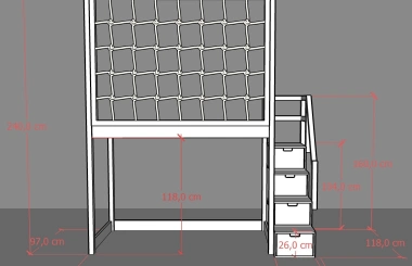 Hochbett, Kinderbett RONI mit Treppe und Schnurnetz - Kubuk Moebel Hochbett, Kinderbett RONI mit Treppe und Schnurnetz - Kubuk Moebel