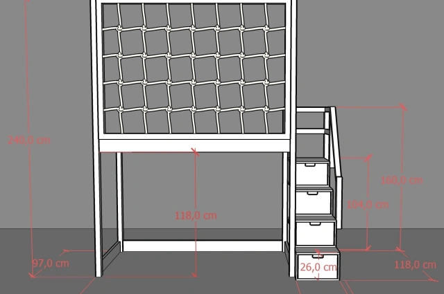 Hochbett, Kinderbett RONI mit Treppe und Schnurnetz - Kubuk Moebel Hochbett, Kinderbett RONI mit Treppe und Schnurnetz - Kubuk Moebel