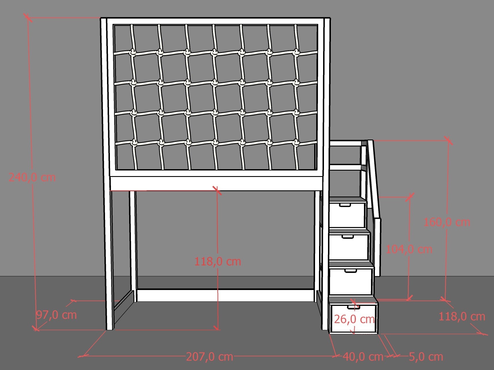 Hochbett, Kinderbett RONI mit Treppe und Schnurnetz - Kubuk Moebel Hochbett, Kinderbett RONI mit Treppe und Schnurnetz - Kubuk Moebel