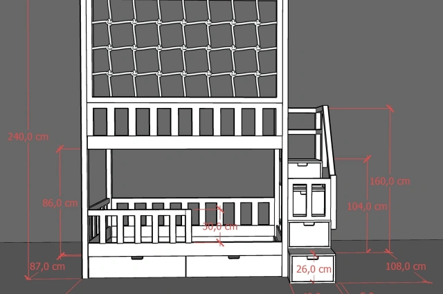 Etagenbett, Kinderbett RONALDO mit Treppe und Schnurnetz - Kubuk Moebel