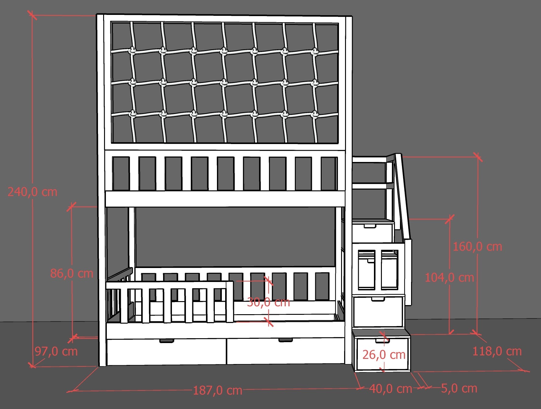 Etagenbett, Kinderbett RONALDO mit Treppe und Schnurnetz - Kubuk Moebel