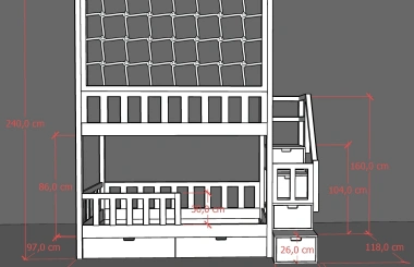 Etagenbett, Kinderbett RONALDO mit Treppe und Schnurnetz - Kubuk Moebel