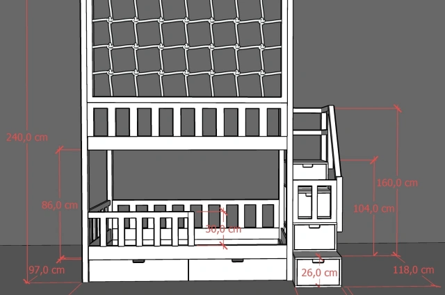 Etagenbett, Kinderbett RONALDO mit Treppe und Schnurnetz - Kubuk Moebel
