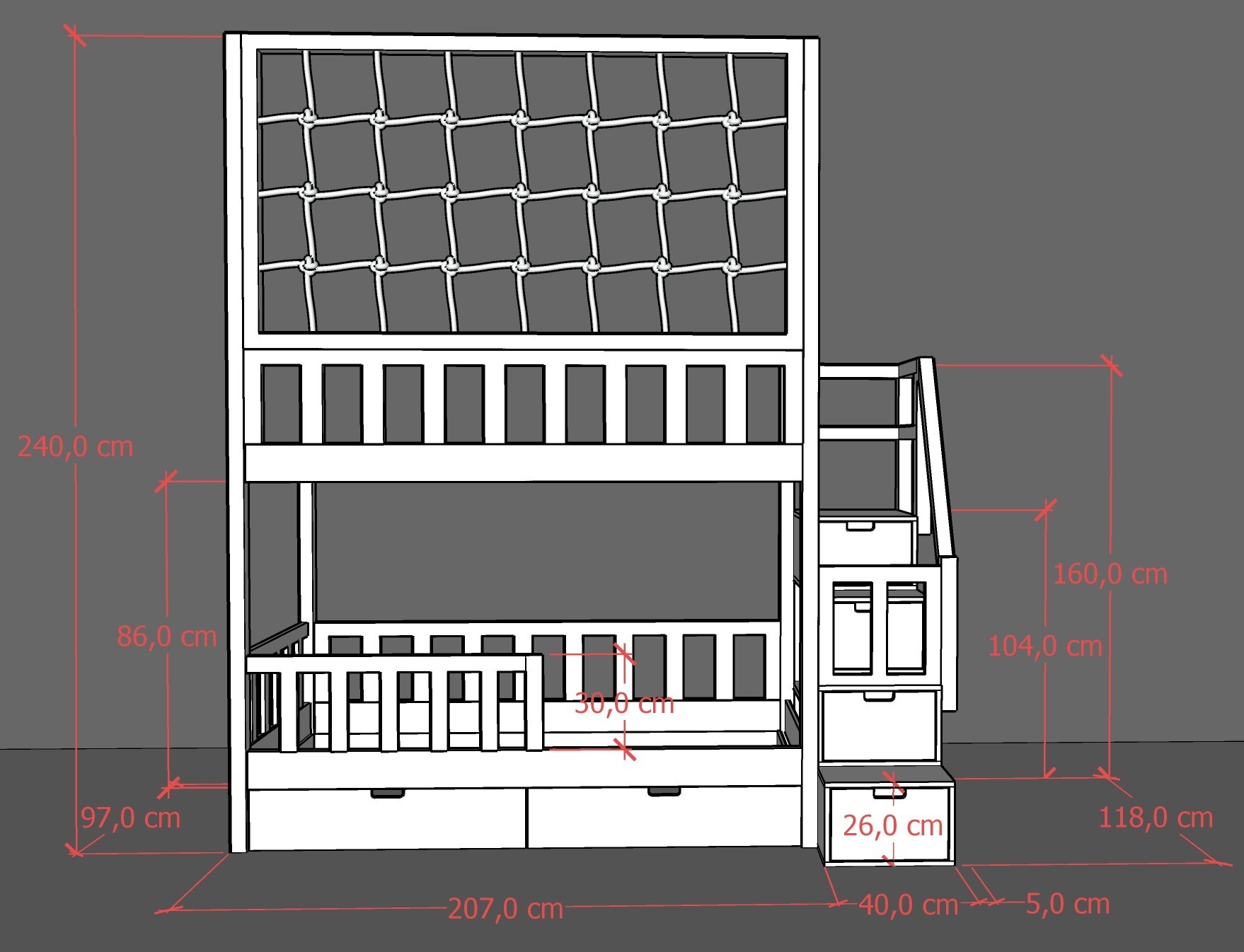 Etagenbett, Kinderbett RONALDO mit Treppe und Schnurnetz - Kubuk Moebel