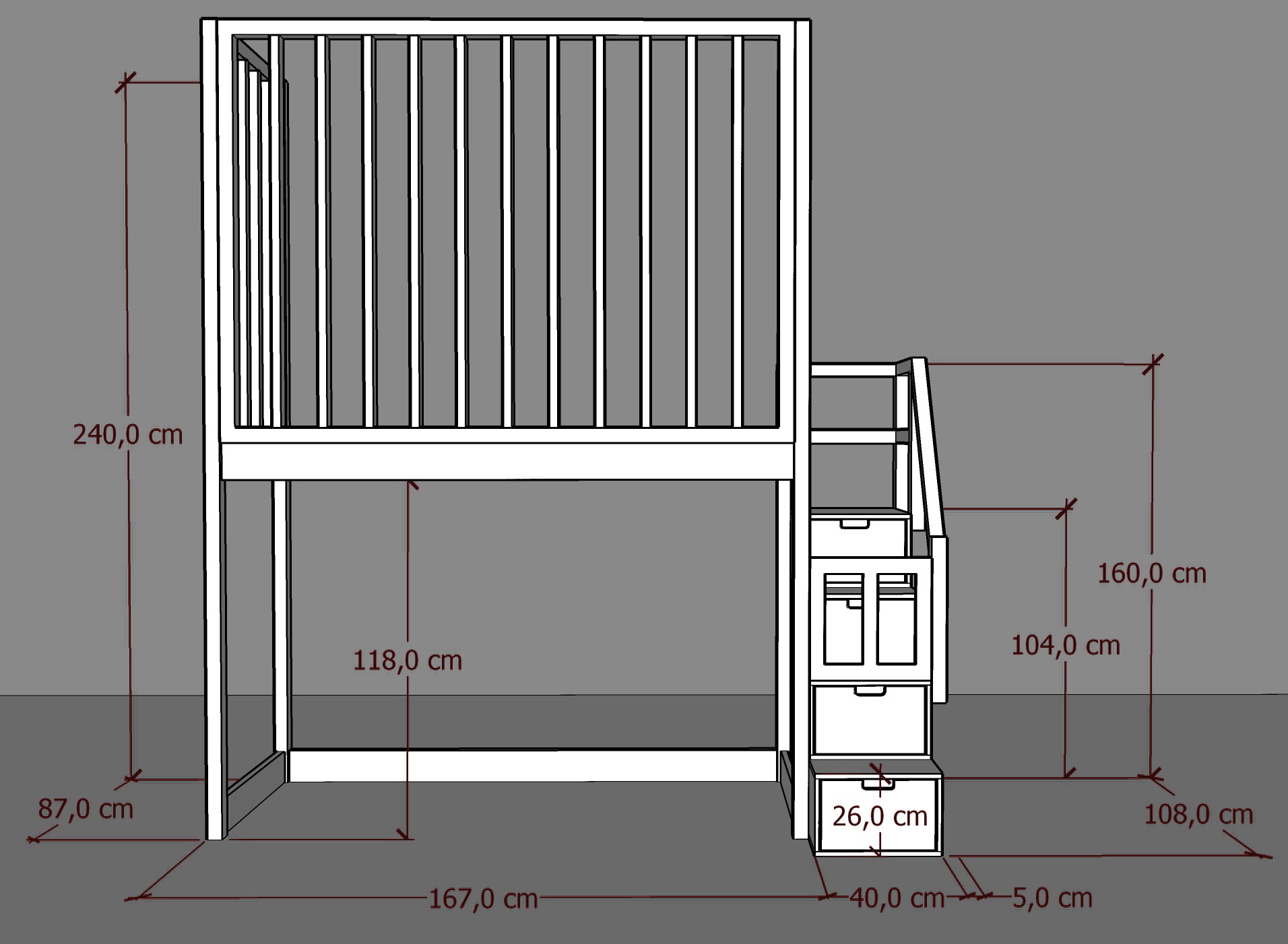 Hochbett, Kinderbett FRANK mit Gitterschutz und Treppe - Kubuk Moebel