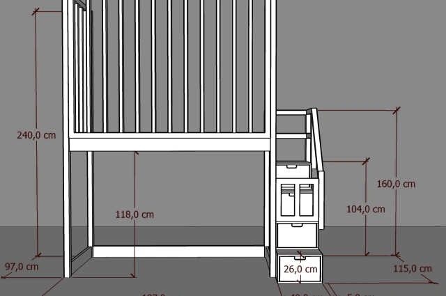 Hochbett, Kinderbett FRANK mit Gitterschutz und Treppe - Kubuk Moebel