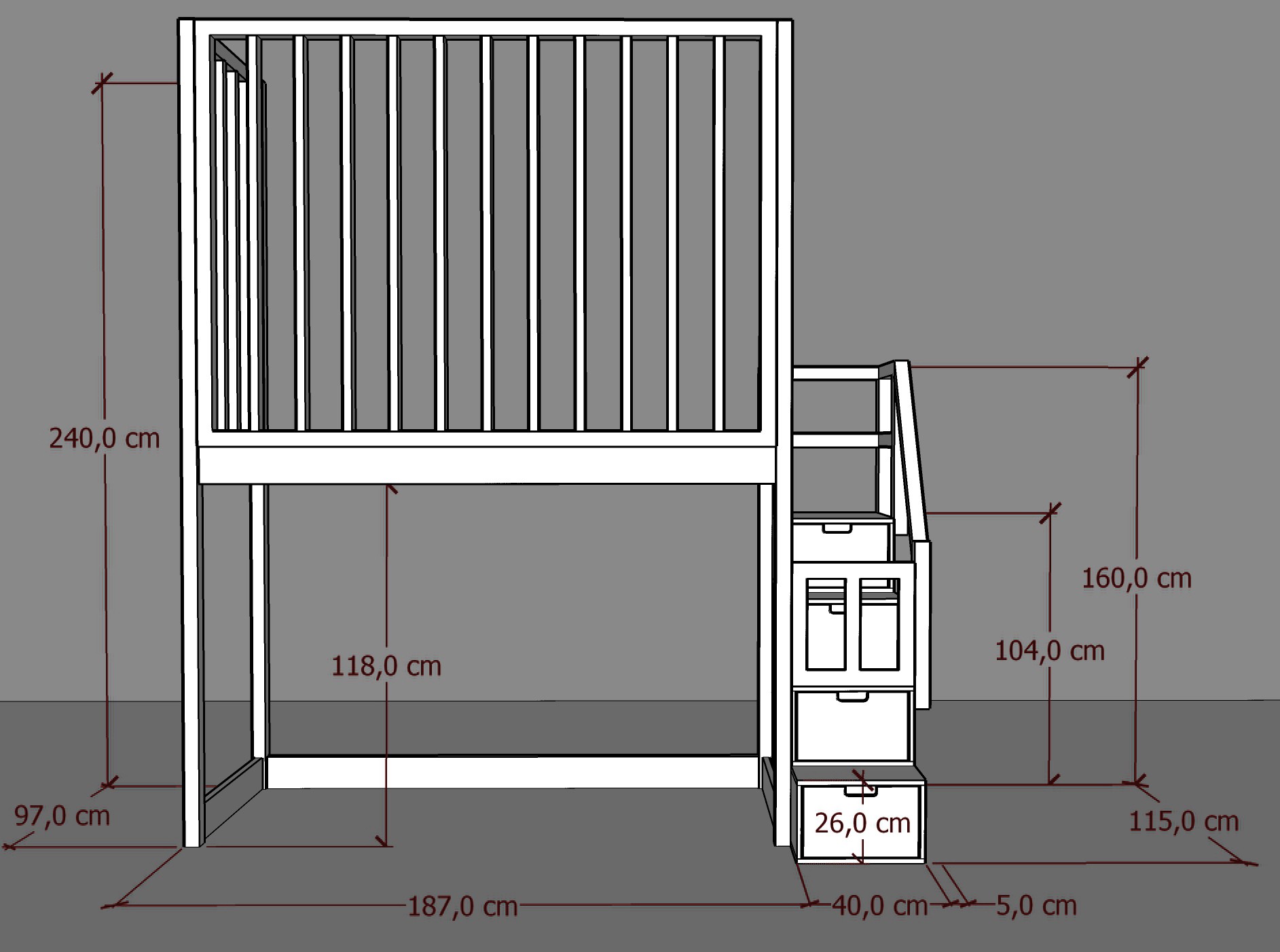 Hochbett, Kinderbett FRANK mit Gitterschutz und Treppe - Kubuk Moebel