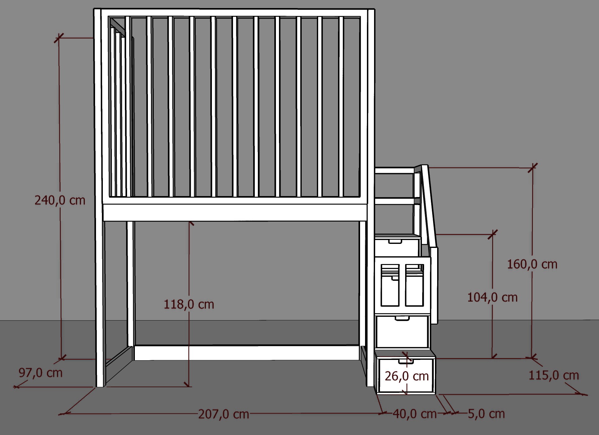 Hochbett, Kinderbett FRANK mit Gitterschutz und Treppe - Kubuk Moebel