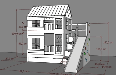 Hausbett, Spielbett KJARA PLUS mit vollem Dach, Rutsche und Kletterwand - Kubuk Moebel Hausbett, Spielbett KJARA PLUS mit vollem Dach, Rutsche und Kletterwand - Kubuk Moebel