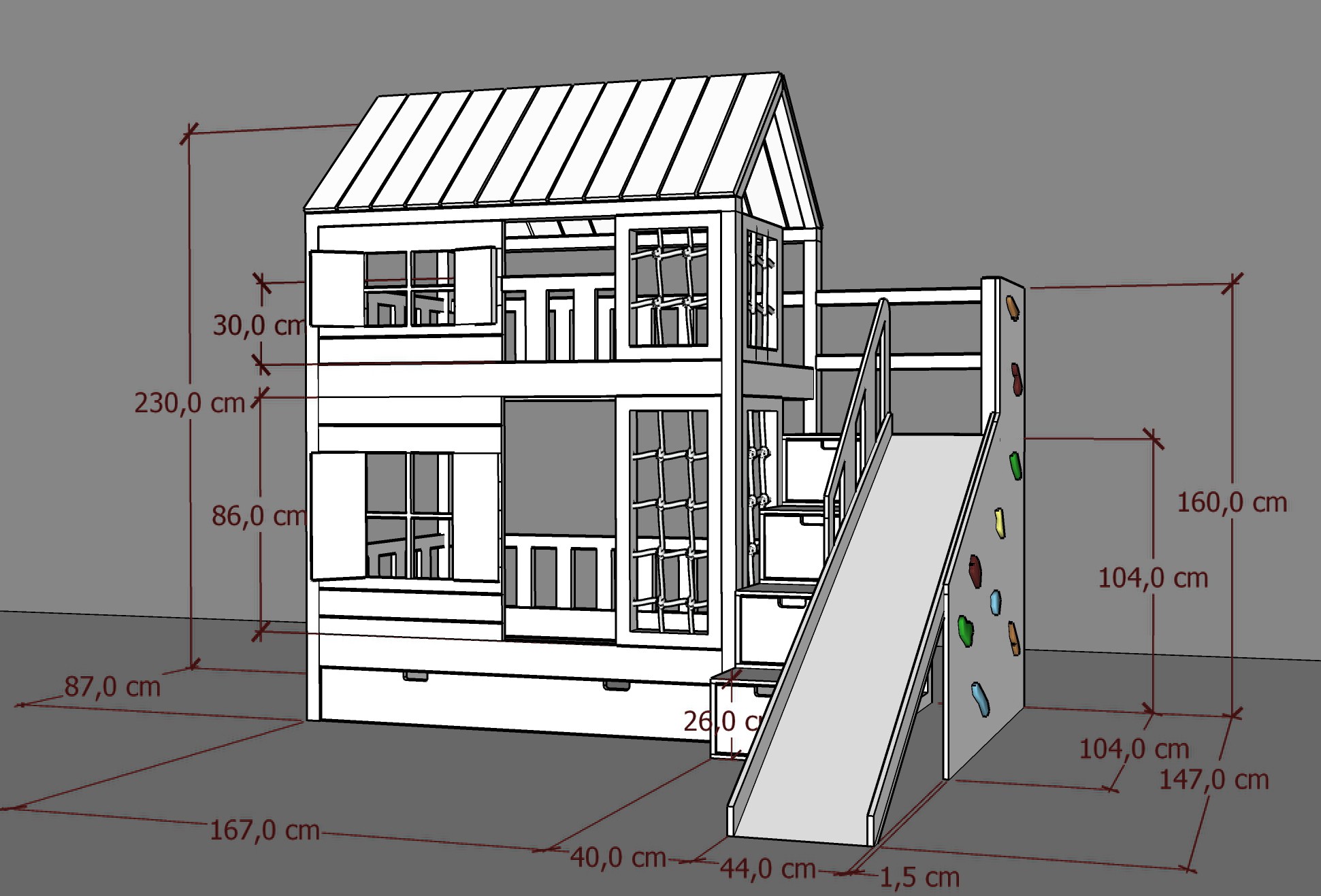 Hausbett, Spielbett KJARA PLUS mit vollem Dach, Rutsche und Kletterwand - Kubuk Moebel Hausbett, Spielbett KJARA PLUS mit vollem Dach, Rutsche und Kletterwand - Kubuk Moebel