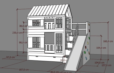 Hausbett, Spielbett KJARA PLUS mit vollem Dach, Rutsche und Kletterwand - Kubuk Moebel Hausbett, Spielbett KJARA PLUS mit vollem Dach, Rutsche und Kletterwand - Kubuk Moebel