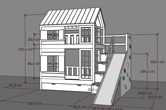 Hausbett, Spielbett KJARA PLUS mit vollem Dach, Rutsche und Kletterwand - Kubuk Moebel Hausbett, Spielbett KJARA PLUS mit vollem Dach, Rutsche und Kletterwand - Kubuk Moebel