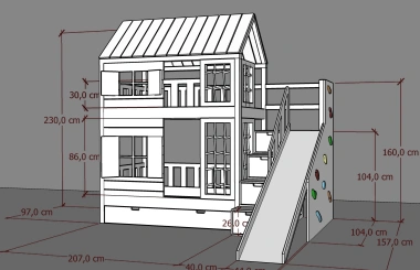 Hausbett, Spielbett KJARA PLUS mit vollem Dach, Rutsche und Kletterwand - Kubuk Moebel Hausbett, Spielbett KJARA PLUS mit vollem Dach, Rutsche und Kletterwand - Kubuk Moebel