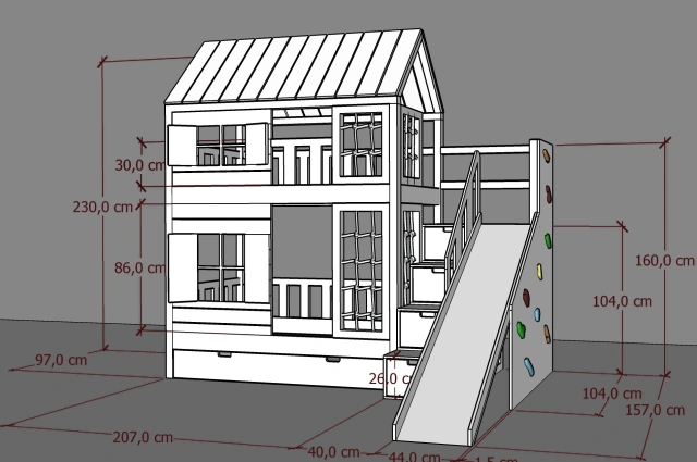 Hausbett, Spielbett KJARA PLUS mit vollem Dach, Rutsche und Kletterwand - Kubuk Moebel Hausbett, Spielbett KJARA PLUS mit vollem Dach, Rutsche und Kletterwand - Kubuk Moebel