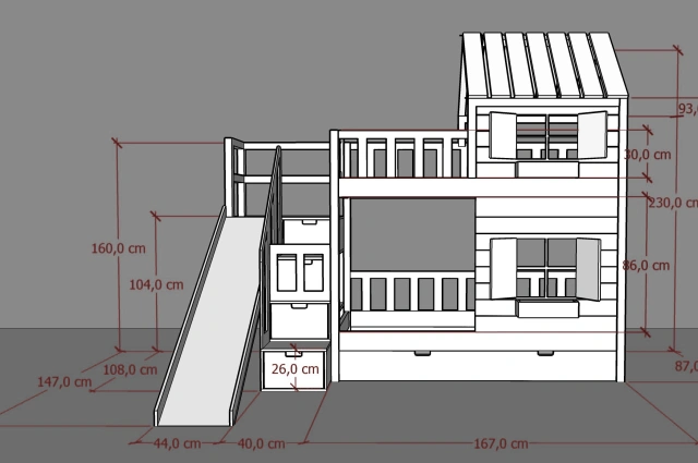 Hausbett, Spielbett KJARA mit vollem Dach und Rutsche - Kubuk Moebel Hausbett, Spielbett KJARA mit vollem Dach und Rutsche - Kubuk Moebel