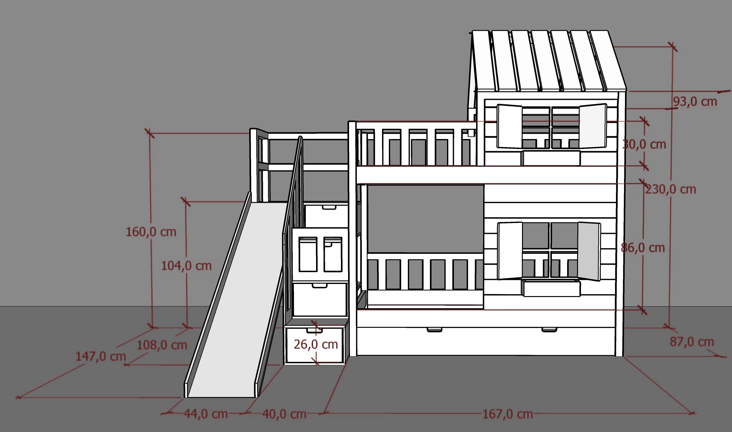 Hausbett, Spielbett KJARA mit vollem Dach und Rutsche - Kubuk Moebel Hausbett, Spielbett KJARA mit vollem Dach und Rutsche - Kubuk Moebel