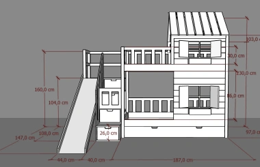 Hausbett, Spielbett KJARA mit vollem Dach und Rutsche - Kubuk Moebel Hausbett, Spielbett KJARA mit vollem Dach und Rutsche - Kubuk Moebel