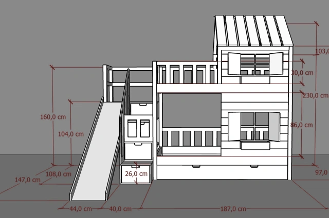 Hausbett, Spielbett KJARA mit vollem Dach und Rutsche - Kubuk Moebel Hausbett, Spielbett KJARA mit vollem Dach und Rutsche - Kubuk Moebel