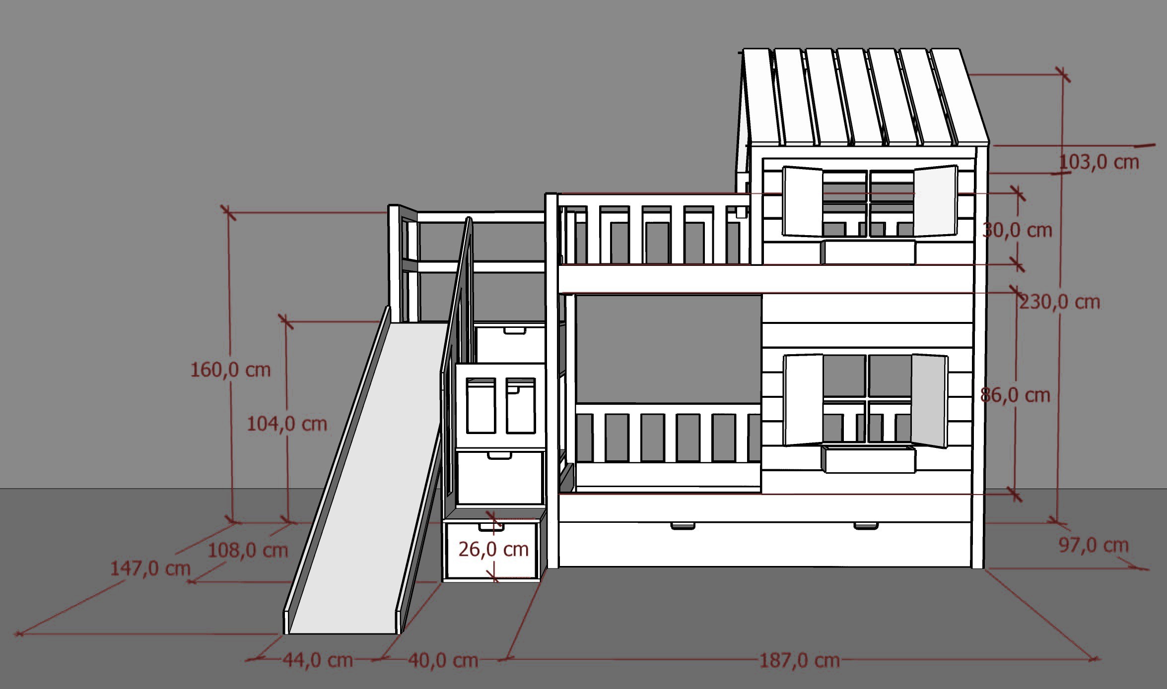 Hausbett, Spielbett KJARA mit vollem Dach und Rutsche - Kubuk Moebel Hausbett, Spielbett KJARA mit vollem Dach und Rutsche - Kubuk Moebel