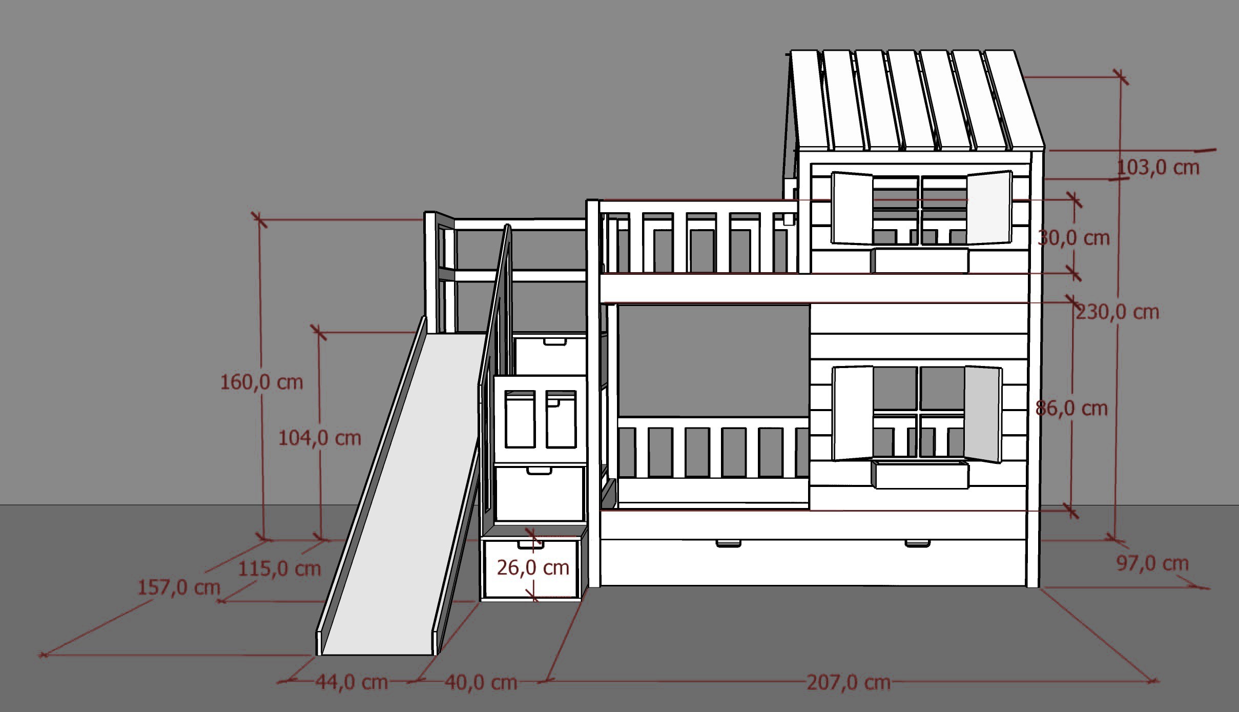 Hausbett, Spielbett KJARA mit vollem Dach und Rutsche - Kubuk Moebel Hausbett, Spielbett KJARA mit vollem Dach und Rutsche - Kubuk Moebel