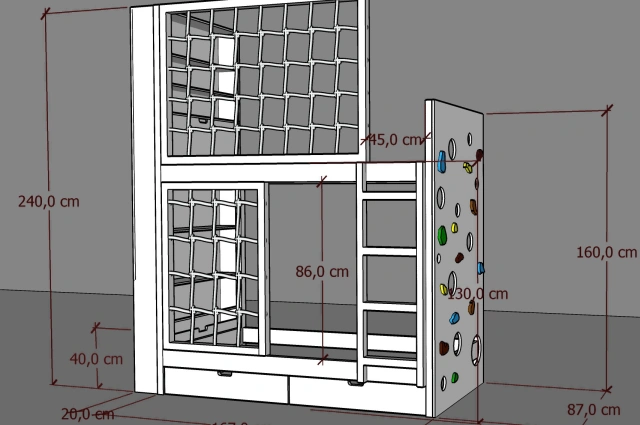 Etagenbett, Kinderbett MARBELLA mit Leiter, Bücherregal und Kletterwand - Kubuk Moebel Etagenbett, Kinderbett MARBELLA mit Leiter, Bücherregal und Kletterwand - Kubuk Moebel