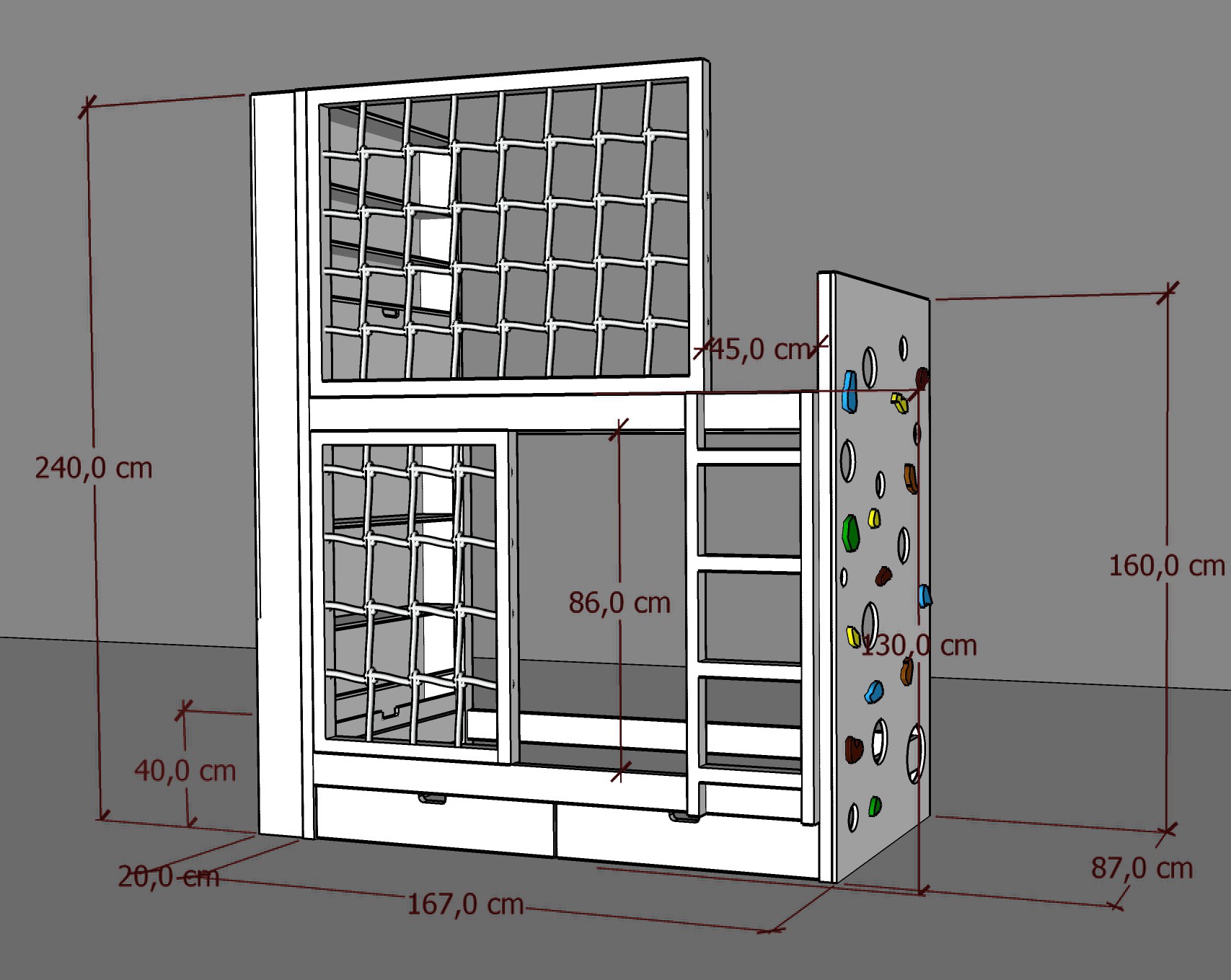Etagenbett, Kinderbett MARBELLA mit Leiter, Bücherregal und Kletterwand - Kubuk Moebel Etagenbett, Kinderbett MARBELLA mit Leiter, Bücherregal und Kletterwand - Kubuk Moebel