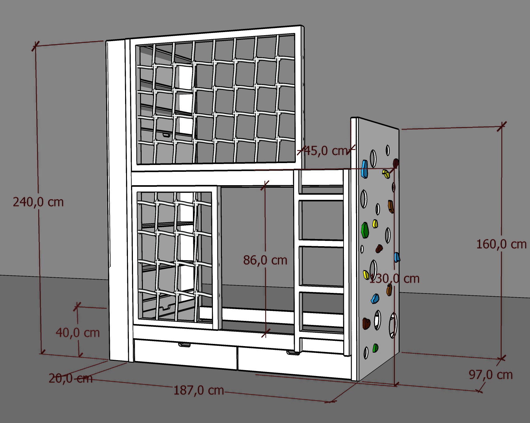 Etagenbett, Kinderbett MARBELLA mit Leiter, Bücherregal und Kletterwand - Kubuk Moebel Etagenbett, Kinderbett MARBELLA mit Leiter, Bücherregal und Kletterwand - Kubuk Moebel