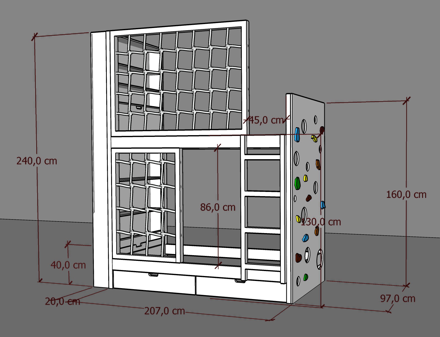 Etagenbett, Kinderbett MARBELLA mit Leiter, Bücherregal und Kletterwand - Kubuk Moebel Etagenbett, Kinderbett MARBELLA mit Leiter, Bücherregal und Kletterwand - Kubuk Moebel
