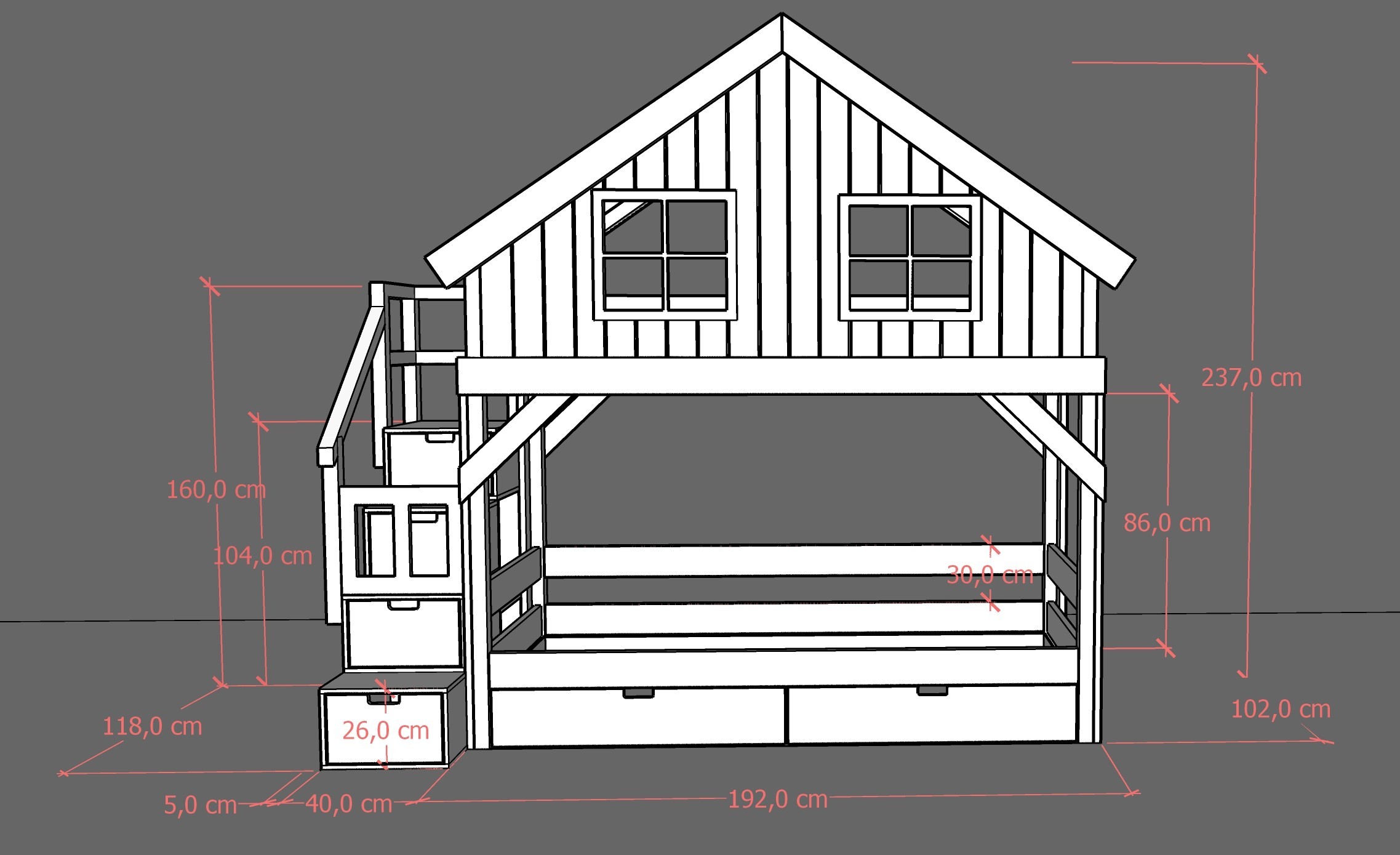 Hausbett, Etagenbett, Kinderbett YOKO mit Treppe - Kubuk Moebel Hausbett, Etagenbett, Kinderbett YOKO mit Treppe - Kubuk Moebel