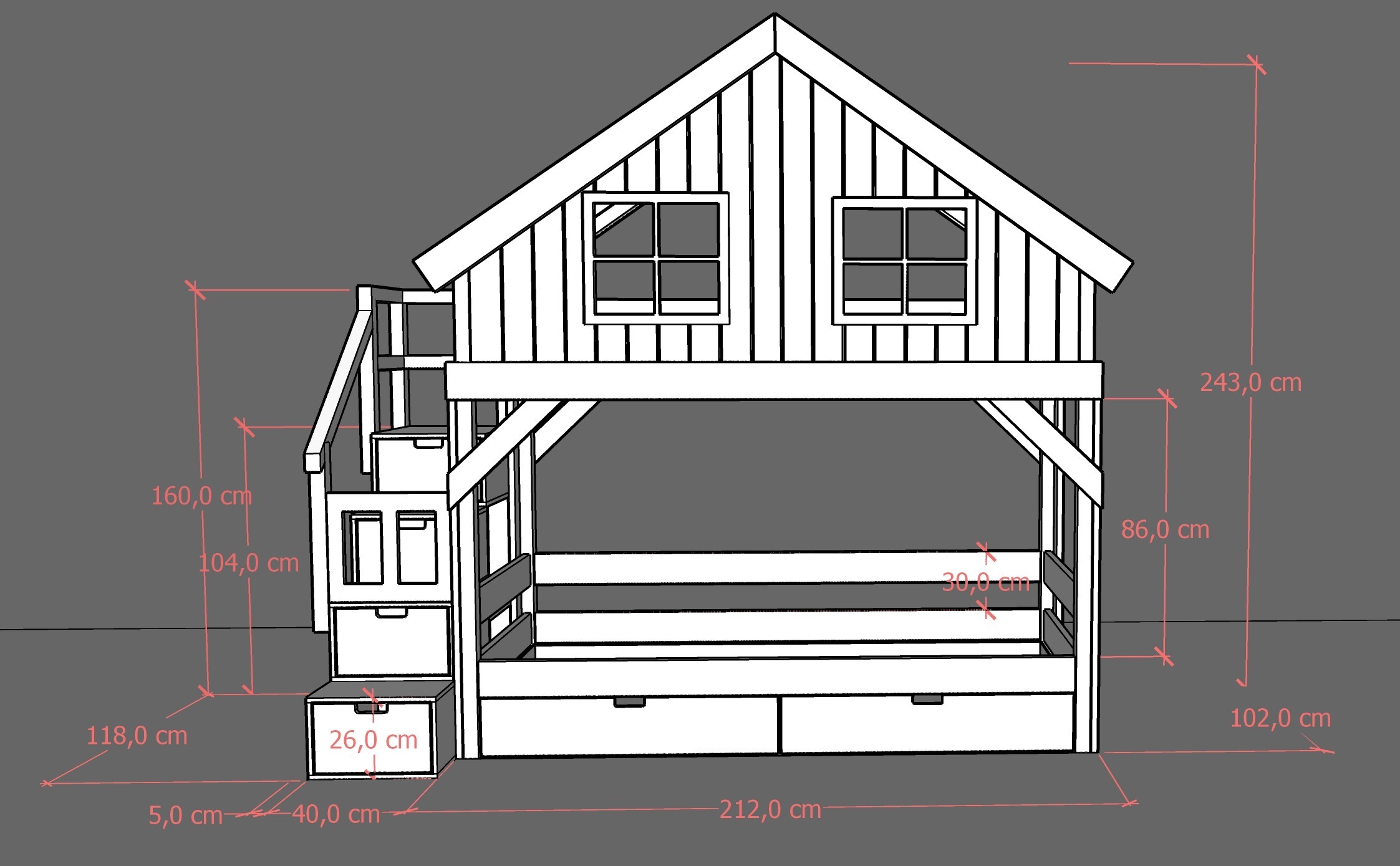 Hausbett, Etagenbett, Kinderbett YOKO mit Treppe - Kubuk Moebel Hausbett, Etagenbett, Kinderbett YOKO mit Treppe - Kubuk Moebel