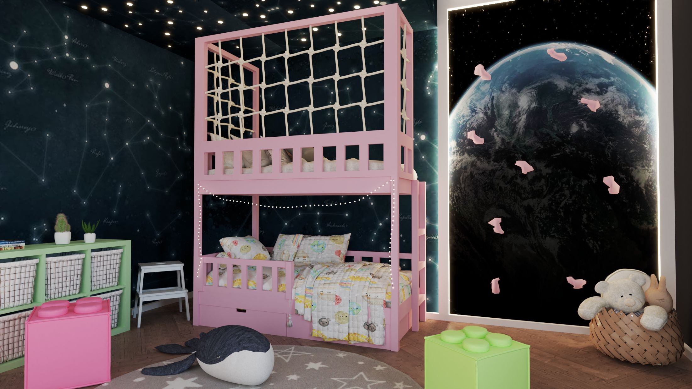 Etagenbett, Kinderbett RICO mit Leiter und Schnurnetz - Kubuk Moebel Etagenbett, Kinderbett RICO mit Leiter und Schnurnetz - Kubuk Moebel