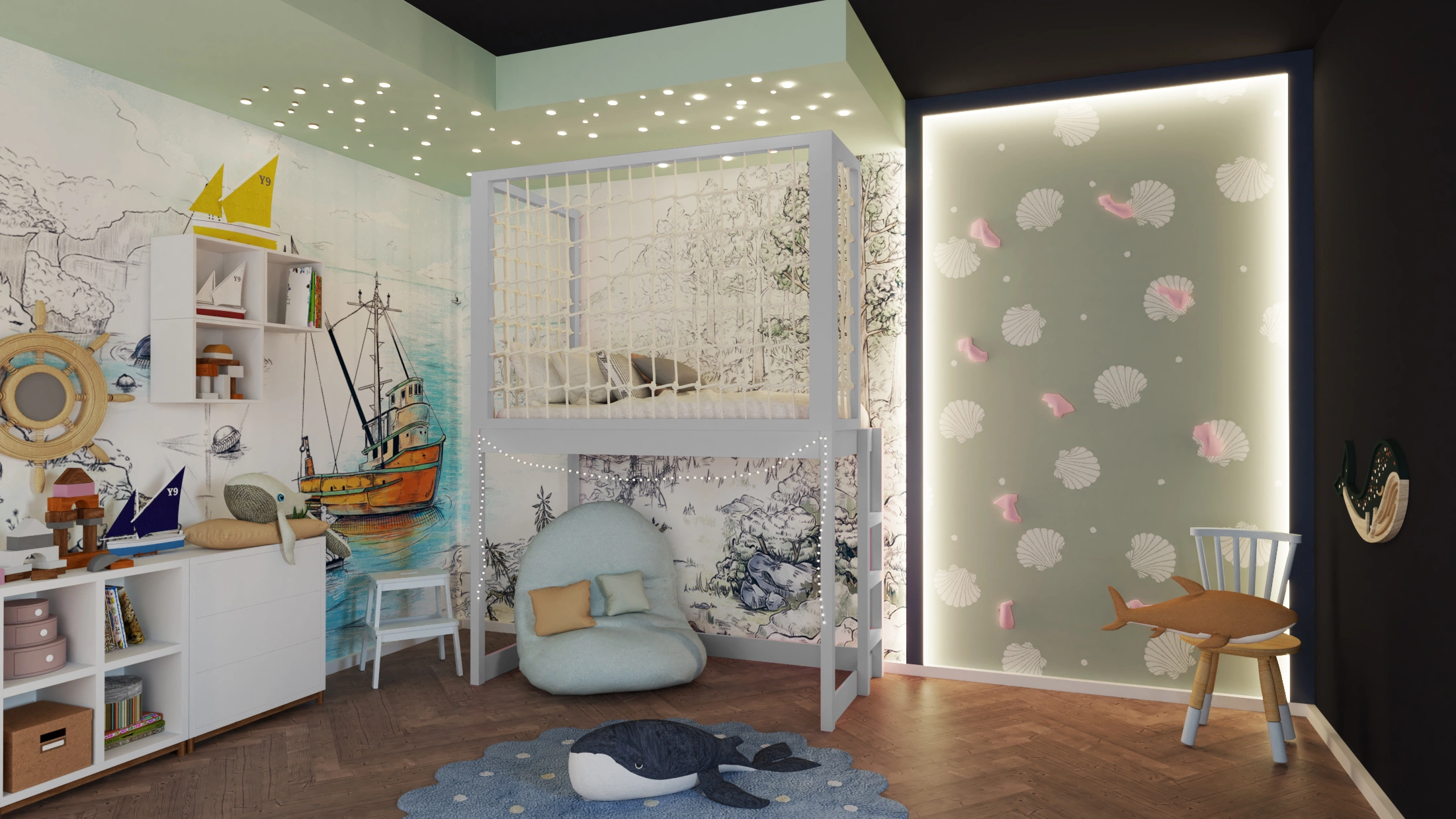 Etagenbett, Kinderbett ROBIN mit Leiter und Schnurnetz - Kubuk Moebel Etagenbett, Kinderbett ROBIN mit Leiter und Schnurnetz - Kubuk Moebel