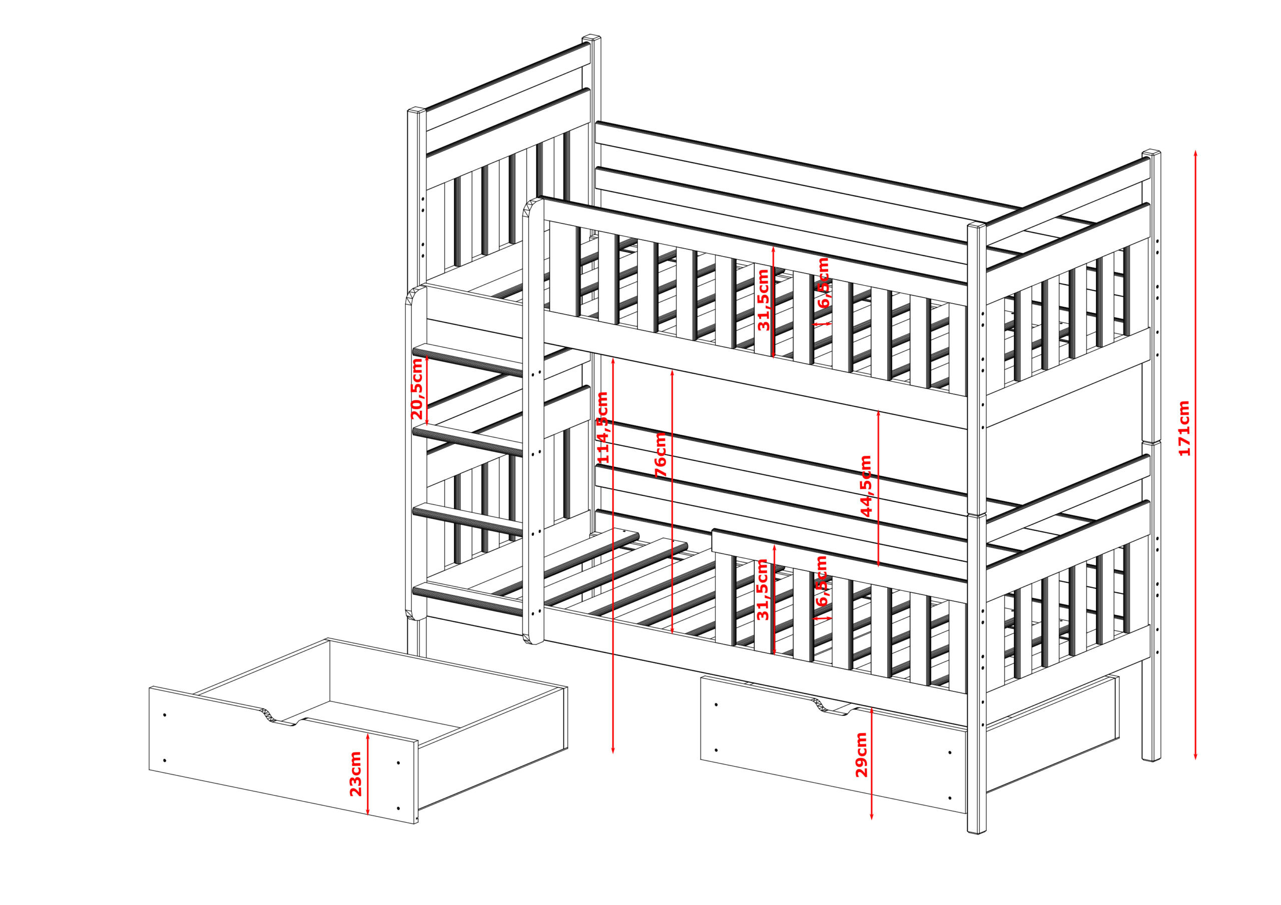 Etagenbett, Kinderbett MONIKA mit Schubladen - Kubuk Moebel