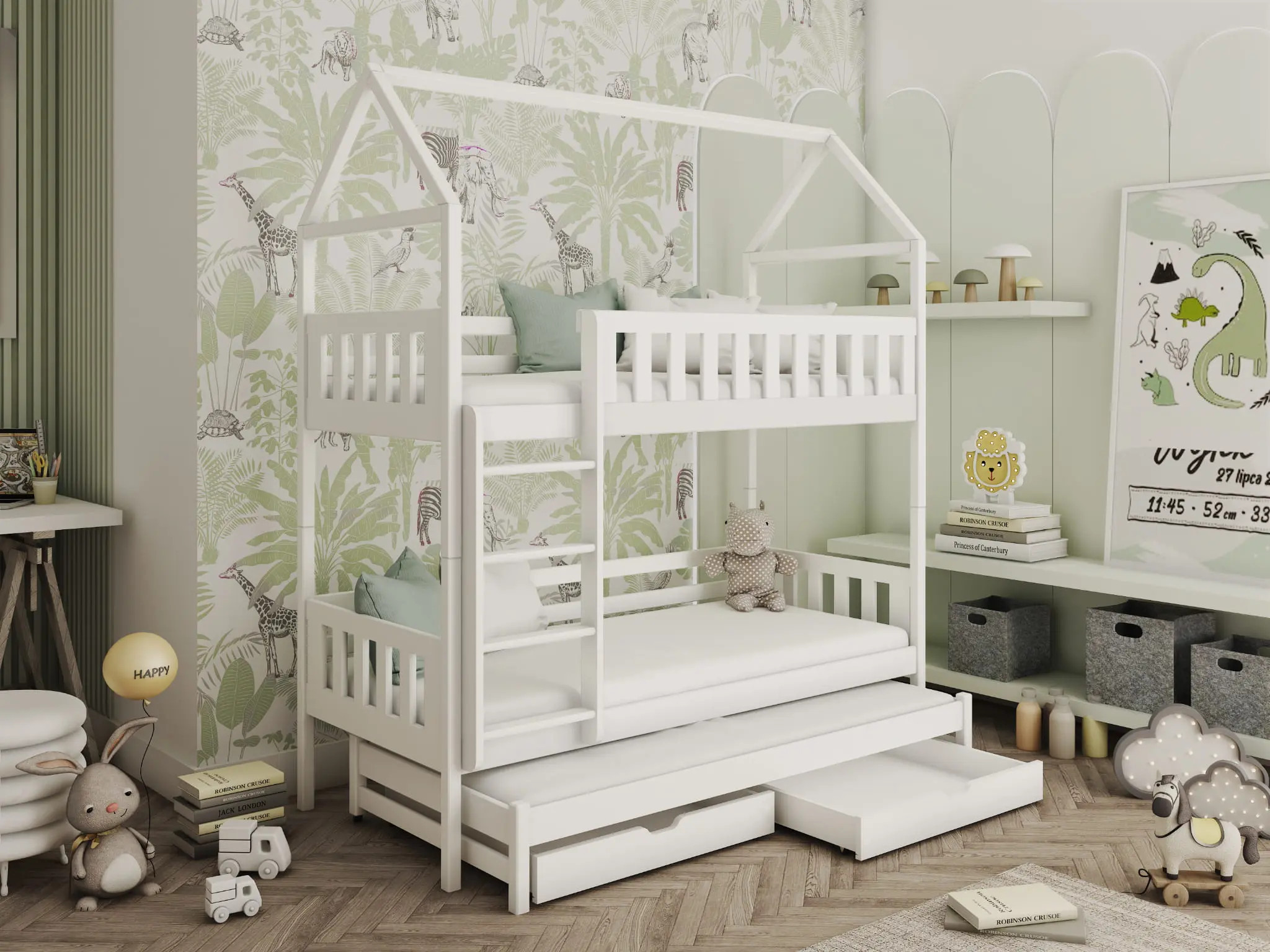 Etagenbett, Kinderbett MAJA mit Dach und Schubladen - Kubuk Moebel