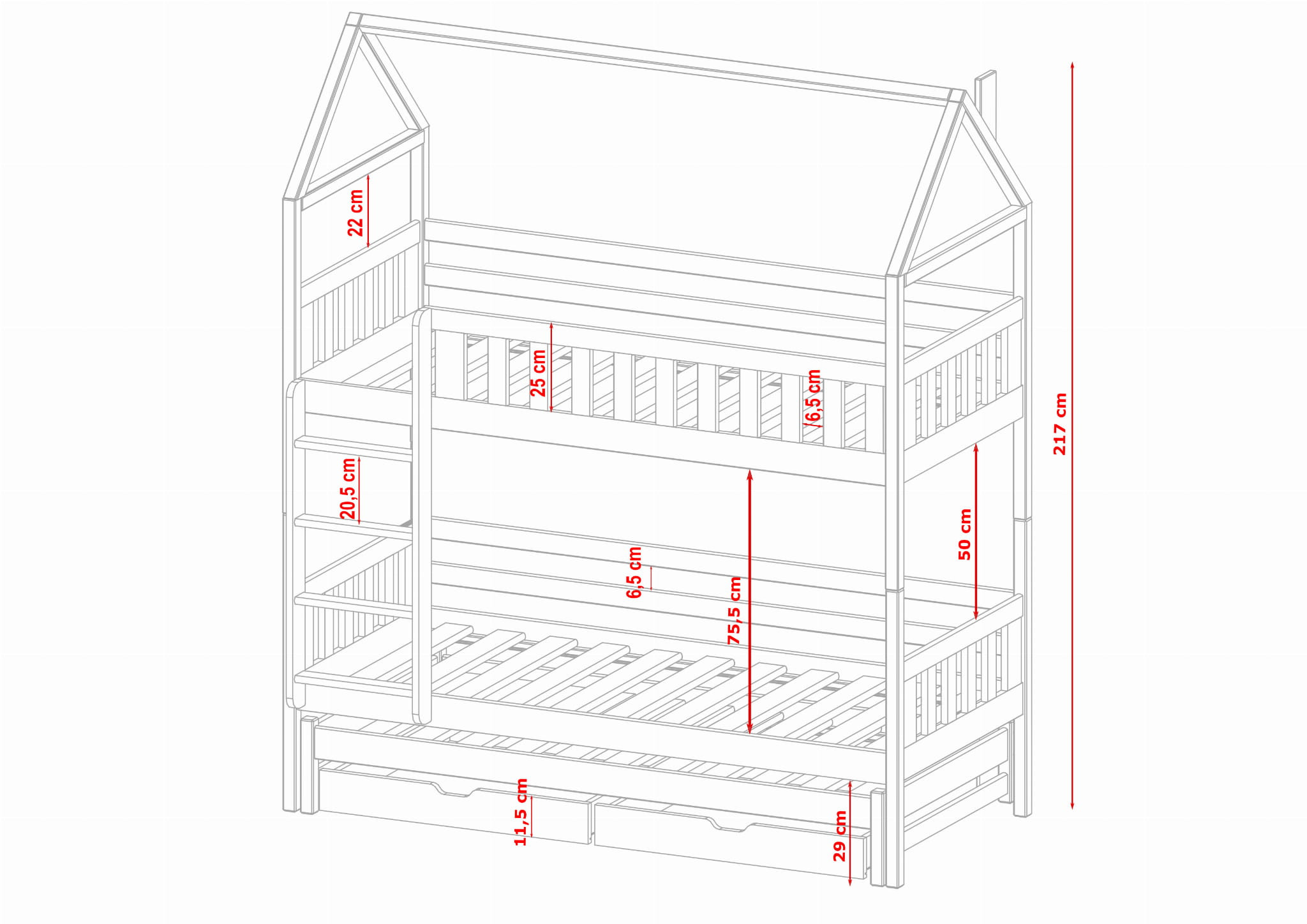 Etagenbett, Kinderbett MAJA mit Dach und Schubladen - Kubuk Moebel